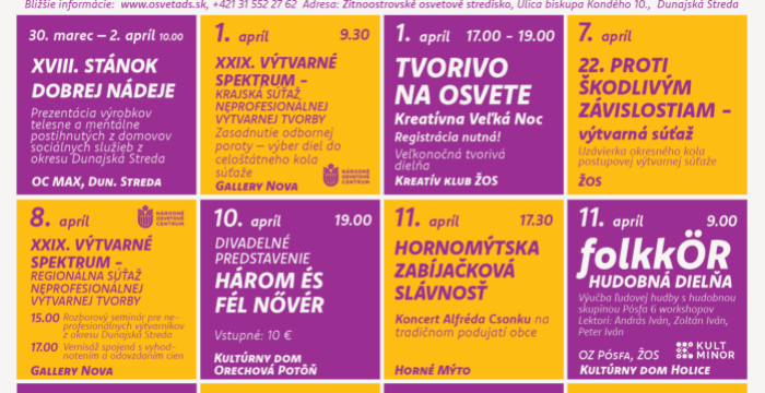 Žitnoostrovské osvetové stredisko očakáva návštevníkov v apríli s bohatým a rozmanitým programom.
