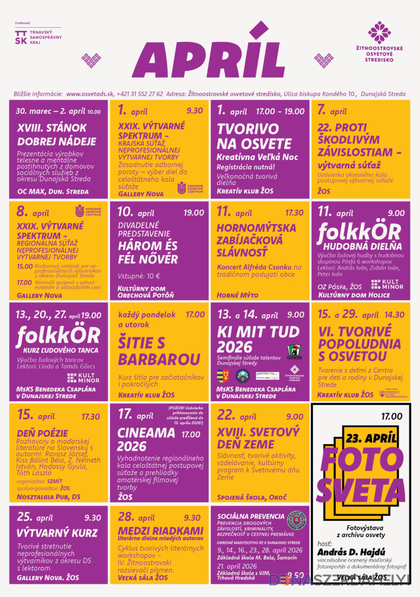 Foto: Žitnoostrovské osvetové stredisko v DS Žitnoostrovské osvetové stredisko očakáva návštevníkov v apríli s bohatým a rozmanitým programom.